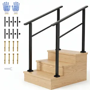 Outdoor Handrail for Steps Black Aluminum with Iron Poles Adjustable 3 Step Stair Railing Kit