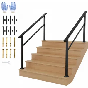 Outdoor Handrail for Steps, 5 Step Stair Handrail, Black Aluminum and Iron, Adjustable 0°-45°, Includes Gloves