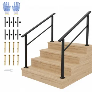 Outdoor Handrail for Steps, 4 Step Stair Handrail & Indoor Stair Railing Kit, Black Aluminum with Iron Poles, Adjustable 0°-45°