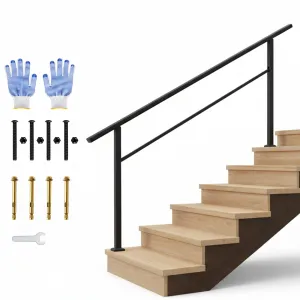 Outdoor Handrail for Steps, 6 Step Stair Handrail Kit, Black Aluminum with Iron Poles for Indoor & Outdoor Porch, Adjustable 0°-45°