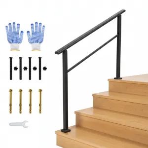 Outdoor Handrail for Steps, 4 Step Stair Handrail & Indoor Stair Railing Kit, Black Aluminum with Iron Poles, Adjustable 0°-45°, Includes Gloves