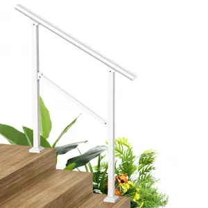 2-3 Step Metal Handrail – White Outdoor Stair Railing for Porch, Concrete Steps, Balcony & Deck Ground-Mounted