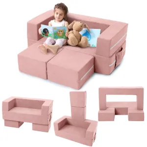 Kids Play Couch, 3Pcs Modular Kids Couch Toddler Couch for Playroom Bedroom Furniture, Convertible Foam Kids Play Sofa with Removable Cover, Pink
