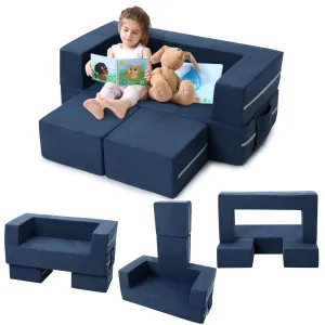 Kids Play Couch, 3Pcs Modular Kids Couch Toddler Couch for Playroom Bedroom Furniture, Convertible Foam Kids Play Sofa with Removable Cover, Lake Blue
