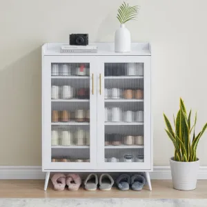 Shoe Cabinet with Glass Doors, 5-Tier Organizer, MDF Material, Adjustable Shelves, Large Capacity, White, Hallway/Living Room