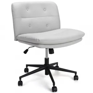 Armless Office Desk Chair with Wheels, Mid-Back Wide Seat Ergonomic Chair, 360° Swivel Vanity Chair, PU Padded, Light Grey