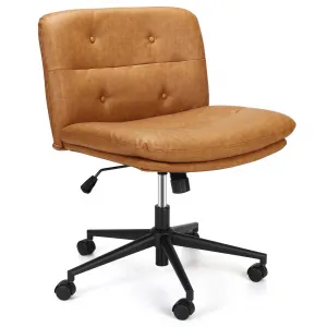 Armless Office Desk Chair with Wheels, Mid-Back Wide Seat Ergonomic Chair, 360° Swivel Vanity Chair, PU Padded, Brown