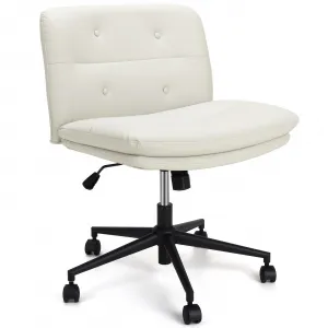 Armless Office Desk Chair with Wheels, Mid-Back Wide Seat Ergonomic Chair, 360° Swivel Vanity Chair, PU Padded, Off White