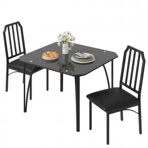 Dining Table Set for 2, Kitchen Table Chairs Set of 2 with Ultra Comfortable PU Cushion, Dining Room Table Set for 2 Furniture with Kitchen Chairs Suitable for Small Space, Black Glass