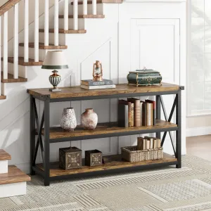 3 Tier Console Table 47.2" Narrow Entryway Table with Storage, Wood & Metal Frame, Industrial Style, Easy Assembly, Living Room, Hallway