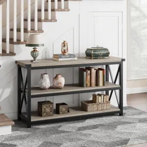 3 Tier Console Table, 47.2" Narrow Entryway Table + Storage + Wood & Metal Frame + Industrial Style + Living Room, Hallway, Entryway
