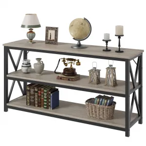 3 Tier Console Table 55.1" Narrow Entryway Table with Storage, Wood Sofa Table, Metal Frame, Industrial Style, Living Room, Hallway