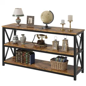 3 Tier Console Table, 55.1" Narrow Entryway Table + Storage + Wood & Metal Frame + Industrial Style + Easy Installation + Living Room, Hallway, Entryway