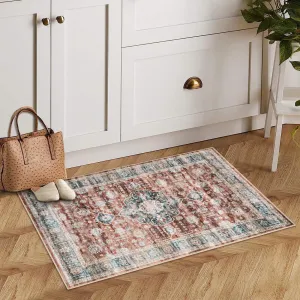 Area Rug 2x3 Washable Rug Vintage Medallion Doormat Boho Floral Accent Rug Indoor Entrance Kitchen Mat Soft Low Pile Front Door Mat Non-Slip Non-Shedding Small Rug for Bedroom Nursery Red