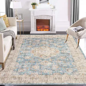 Area Rugs 9x12 Living Room Washable Rug Vintage Medallion Rug Indoor Distressed Print Rug Soft Non Slip Throw Carpet Oriental Aesthetic Rug Boho Foldable Thin Rug for Bedroom Home Office Blue