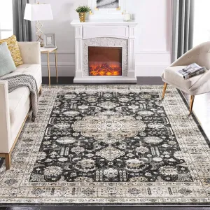 Rugs for Living Room 5x7 Washable Rug Vintage Floral Area Rug Soft Indoor Floor Mat Medallion Distressed Print Rug Non Slip Non Shedding Throw Carpet for Bedroom Dining Room Home Office