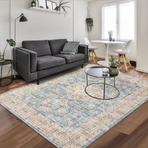 Washable Rug 6x9 Boho Soft Living Room Rugs Indoor Distressed Floor Carpet Vintage Rustic Farmhouse Area Rugs for Bedroom Non Slip Foldable Thin Rug for Kitchen Dining Room Kids Room Blue