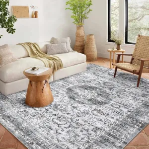 Washable Rug 6x9 Boho Soft Living Room Rugs Indoor Distressed Floor Carpet Vintage Rustic Farmhouse Area Rugs for Bedroom Non Slip Foldable Thin Rug for Kitchen Dining Room Kids Room Grey