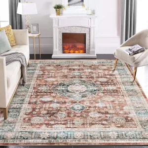 Rugs for Living Room 5x7 Washable Rug Vintage Floral Area Rug Soft Indoor Floor Mat Medallion Distressed Print Rug Non Slip Non Shedding Throw Carpet for Bedroom Dining Room Home Office Red