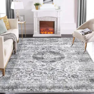 Rugs for Living Room 5x7 Washable Rug Vintage Floral Area Rug Soft Indoor Floor Mat Medallion Distressed Print Rug Non Slip Non Shedding Throw Carpet for Bedroom Dining Room Home Office Grey