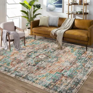 8x10 Area Rug Vintage Distressed Machine Washable Area Rug for Living Room Bedroom Traditional Medallion Floral Non-Slip Stain Resistant Accent Rug Carpet for Home Decor, Teal/Multi