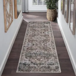 Runner Rug 2x6 Feet Washable Vintage Distressed Hallway Runner, Non-Slip Stain Resistant Area Rug Traditional Medallion Kitchen Mat Entryway Carpet Runner for Bedside, Brown