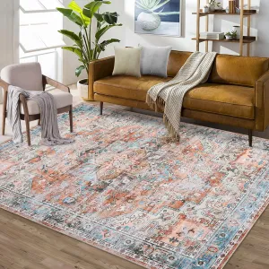 Machine Washable Area Rug 5x7 Vintage Distressed Area Rug for Living Room Bedroom Traditional Medallion Floral Non-Slip Stain Resistant Accent Rug Carpet for Home Decor