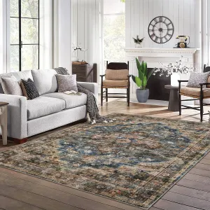 10x13 Area Rugs Vintage Retro Washable Non Slip Low Pile Faux Wool Carpet for Living Room Bedroom Dining Room Blue Brown