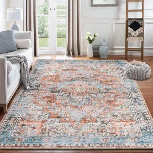 8x10 Area Rug Vintage Distressed Machine Washable Area Rug for Living Room Bedroom Traditional Medallion Floral Non-Slip Stain Resistant Accent Rug Carpet for Home Decor