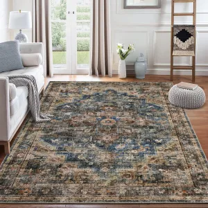 9x12 Area Rug Vintage Distresse Machine Washable Area Rug for Living Room Bedroom Traditional Medallion Floral Non-Slip Stain Resistant Accent Rug Carpet for Home Decor, Blue/Brown