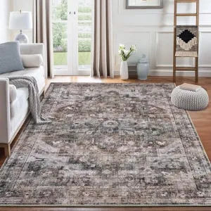 9x12 Area Rug Vintage Distresse Machine Washable Area Rug for Living Room Bedroom Traditional Medallion Floral Non-Slip Stain Resistant Accent Rug Carpet for Home Decor, Brown