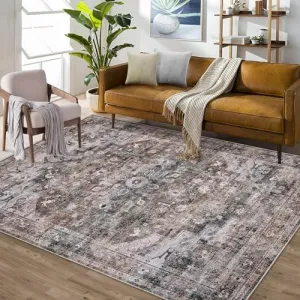 Oriental 8x10 Area Rug Vintage Distressed Machine Washable Area Rug for Living Room Bedroom Traditional Medallion Floral Non-Slip Stain Resistant Accent Rug Carpet for Home Decor, Brown