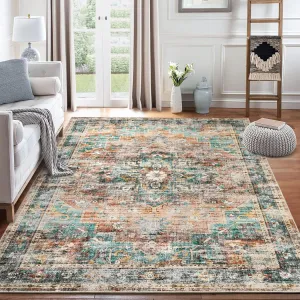 Oriental Vintage 9x12 Distressed Floral Area Rug - Machine Washable, Non-Slip, Stain Resistant Carpet for Living Room, Bedroom, Home Decor, Multi