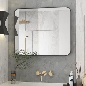 Black Bathroom Mirror 40x28 Metal Framed Round Rectangle, Wall-Mounted, Hangs Horizontally or Vertically, Aluminum Alloy Frame, HD Glass, Moisture-Proof, Farmhouse Decor