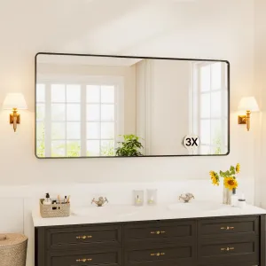 Black Metal Framed Bathroom Mirror for Over Sink 72 * 36" Vanity Rounded Rectangle Wall Mirror with 3X Magnifying Gass Wall Mounted Home Decor (Hangs Horizontally or Vertically)