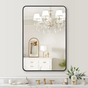 2024 New Wall Mount Bathroom Mirror, 48x30 Inch, HD Eco-Friendly Matte Black Metal Frame, Rounded Corner, Hangs Horizontally or Vertically, Aluminum Alloy, Bathroom, Nursery, Entryway