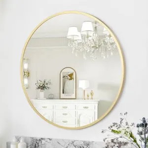 Gold Circle Mirror 32 Inch, HD Eco-Friendly Round Bathroom Mirror, Matte Black Metal Frame, Easy to Install, Vanity, Entryway, Hallway