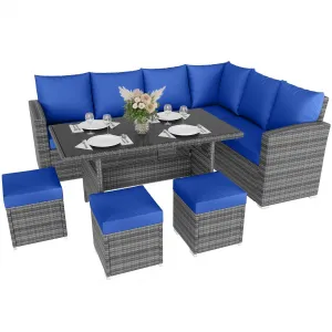 7-Piece PE Wicker Patio Furniture Set with Tempered Glass Table, Modular Design, All-Weather Durable Metal Frame, Grey & Blue, Ideal for Poolside & Backyard