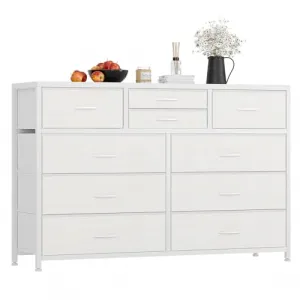 Wide 10 Drawer Dresser,TV Stand Entertainment Center Fabric Storage Dressers Drawers for Bedroom, Hallway, Nursery, Closets, Steel Frame, Wood Top (White)