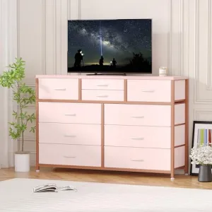 Wide 10 Drawer Dresser,TV Stand Entertainment Center Fabric Storage Dressers Drawers for Bedroom, Hallway, Nursery, Closets, Steel Frame, Wood Top (Pink)