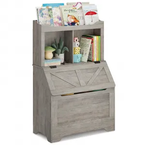 Kids Bookshelf Toy Storage Organizer, Large Wooden Toy Box Chest with Flip-top Lid, Cubby, Storage Cabinet for Playroom, Bedroom, Nursery, Kindergarten - Grey
