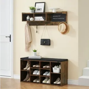 Entryway Hall Tree Bench with Coat Rack, 6-in-1 Functionality, Wood, 9 Cubbies, Blackboard, 41 inch, Brown