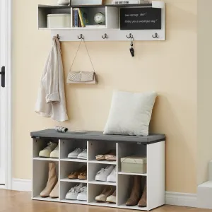 Entryway Hall Tree with Bench & Shoe Storage, 6-in-1 Function, 9 Cubbies, Blackboard, 5 Hooks, White & Black, 41 inch, Ideal for Hallway