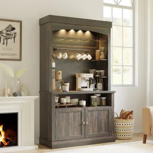 Farmhouse 72" Buffet Cabinet Coffee Bar Cabinet with LED Lights, Microwave Stand, Wine Rack and Glass Shelf, Dark Oak