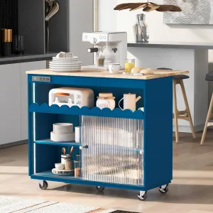 Kitchen Island with Drop Leaf LED Light Kitchen Cart on Wheels with Power Outlets 2 Sliding Fluted Glass Doors Large Kitchen Island Cart 2 Cabinet 1 Open Shelf Rubberwood Countertop