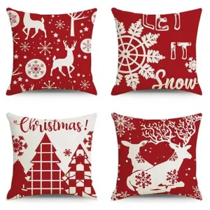 Christmas Pillow Covers 18x18 Inches Set of 4, Winter Pillowcase with Elk Snowflake Christmas Tree Pattern Christmas Cushion Covers for Sofa Couch Home Indoor Decor