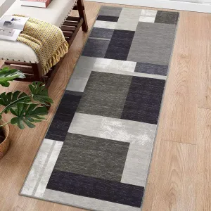 Area Rug 2x6 Runner Rug Washable Rug Modern Boxes Hallway Runners Non-Slip Entryway Runners Indoor Geometric Patchwork Throw Carpet Non-Shedding Floor Mat Bedroom Bedside Laundry Kitchen Brown