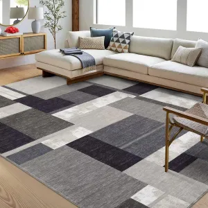 Area Rugs 9x12 Washable Rug Large Rugs for Living Room Modern Rug Indoor Geometric Print Rug Contemporary Boxes Patchwork Rug Aesthetic Rug Non Slip Foldable Rug for Bedroom Home Office Brown