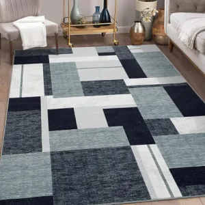 Living Room Rug 6x9 Grey Block Pattern Rug Washable Bedroom Rug Dining Room Rug Farmhouse Decor Carpet Modern Office Rug Non Slip Indoor Floor Cover