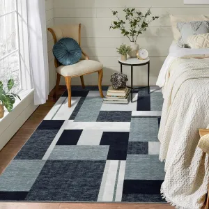 Washable Rug 3x5 Geometric Bedroom Rug Patchwork Pattern Rugs for Living Room Modern Office Rug Block Pattern Carpet Low Pile Rugs Indoor Floor Cover Grey